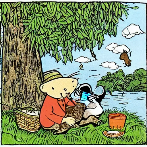 Image similar to “mole and water rat having a picnic under a tree on the river bank, coloured storybook illustration from wind in the willows, by herge (tintin)”