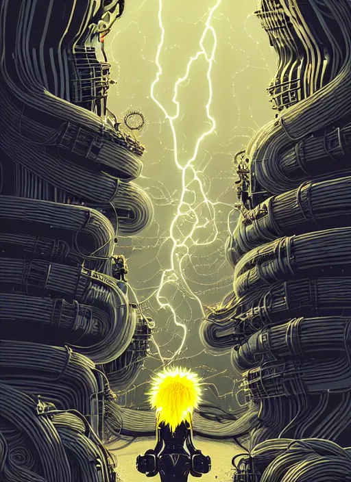 Image similar to highly detailed portrait of wasteland punk long curly bright yellow and white plasma electricity hair tribal lady, stray electric spark wiring by atey ghailan, james gilleard, by joe fenton, by greg rutkowski, by greg tocchini, by kaethe butcher, 4 k resolution, gradient yellow, black and white color scheme!!! ( ( lightning cloudy robotic dystopian city background ) )