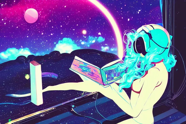 Image similar to a beautiful girl reading a book in space, lofi, anime, digital art, neon, synthwave,