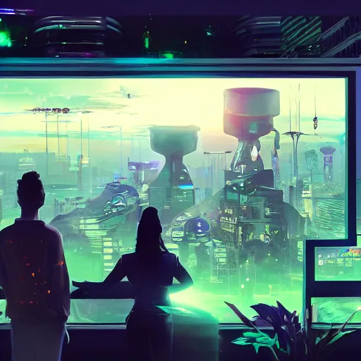 Image similar to a cinematic composition depicting : we're overlooking translucid crystal android being, whos is behind their heads up display viewing out of their window how a high tech lush solarpunk tribe collaborating with their technologic android helpers encroaching a cyberpunk resort at sunrise