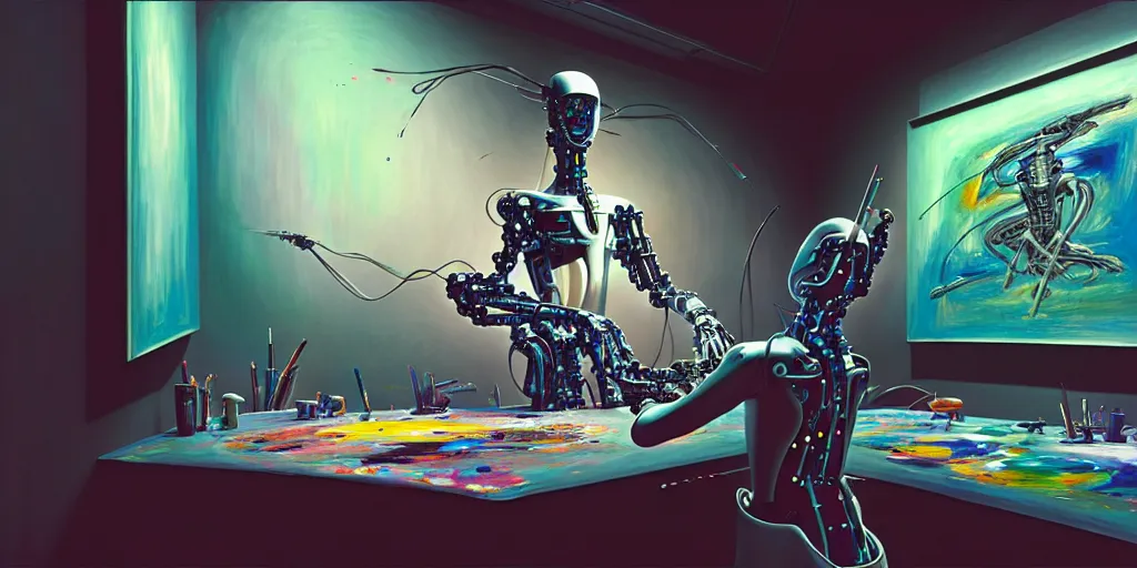 Image similar to photo of futuristic holy futuristic cyborg - robot - painter - artist creating a painting with acrylic paint and brushes in a futuristic artist studio by h. r giger, by, rich deep colors. masterpiece, intricate artwork by tooth wu and wlop and beeple, gaspar noe, james cameron,