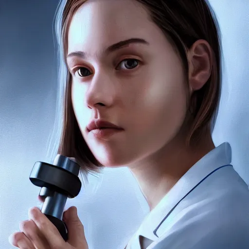 Image similar to girl wearing a labcoat in a biology lab, microscope on the table, expressive oil painting, matte art, trending on artstation, sunlit, octane render, brushstrokes, beautiful face portrait, beautiful lighting
