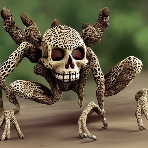Image similar to Skull that look too much like skull!, an 8k CG character rendering of a spider-like hunting female on its back, fangs extended, wearing a leopard-patterned dress, set against a white background, with textured hair and skin.