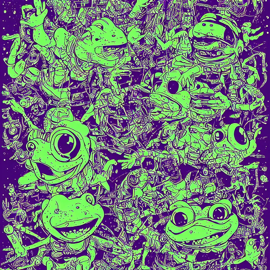 Image similar to toad head, ryuta ueda artwork, breakcore, style of jet set radio, y 2 k, gloom, space, cel - shaded art style, frogs, amphibians, sacred geometry, data, minimal, code, cybernetic, dark, eerie, cyber