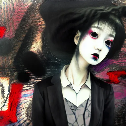 Image similar to yoshitaka amano blurred and dreamy realistic three quarter angle portrait of a young woman with black lipstick and black eyes wearing dress suit with tie, junji ito abstract patterns in the background, satoshi kon anime, noisy film grain effect, highly detailed, renaissance oil painting, weird portrait angle, blurred lost edges