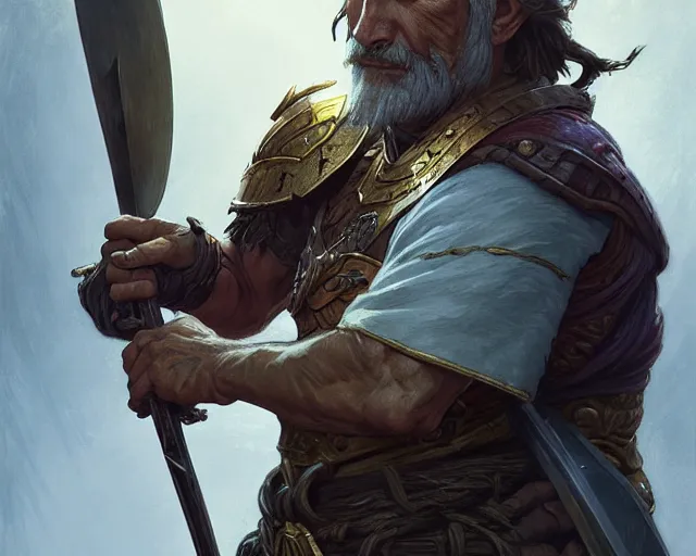 Image similar to old warrior holding his sword in front of his face, deep focus, d & d, fantasy, intricate, elegant, highly detailed, digital painting, artstation, concept art, matte, sharp focus, illustration, hearthstone, art by artgerm and greg rutkowski and alphonse mucha