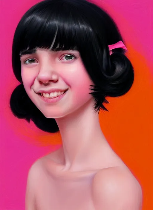 Image similar to portrait of teenage girl, realistic, black hair, bangs, half updo hairstyle, pointy nose, skinny, smile, ugly, defined jawline, big chin, pink hair bow, earrings, intricate, elegant, glowing lights, highly detailed, digital painting, artstation, sharp focus, illustration, art by wlop, mars ravelo and greg rutkowski