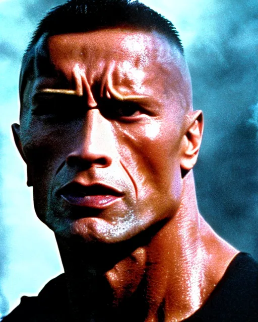 Prompt: Film still close-up shot of Dwayne Johnson as the Terminator from the movie Terminator 2. Photographic, photography