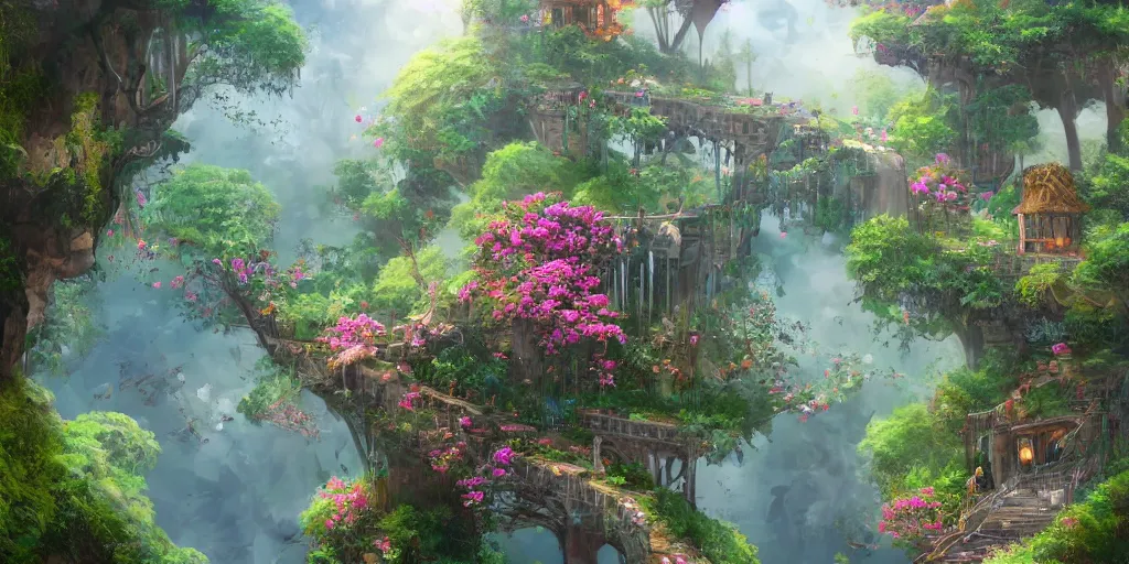 Image similar to a beautiful nature civilization, fancy, flowers, bridges, nature city, people, tree houses, trending on artstation, behance, deviantart