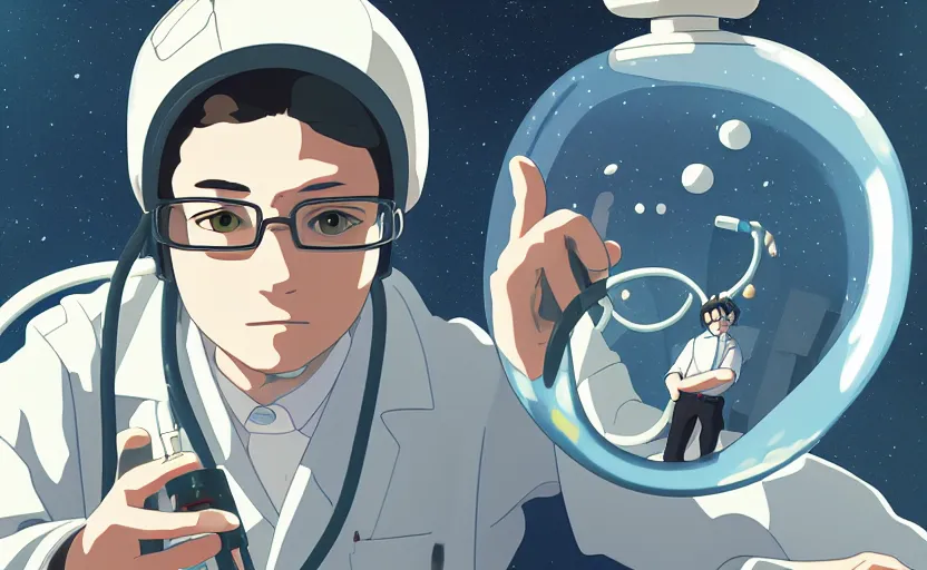 Prompt: a film still portrait of a nerdy scientist rocketing in a hallway cubic snake bubble, finely detailed features, closeup at the faces, chronenberg, perfect art, grimdark, trending on pixiv fanbox, painted by studio ghibli