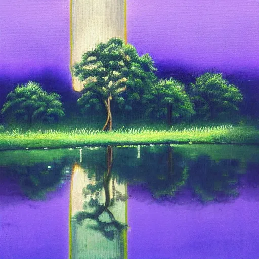 Prompt: a beautiful landscape painting with serene still water and a central african tree with reflection, vertical neon lights glow, it is raining by jpierce