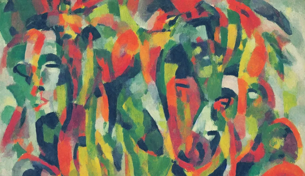 Image similar to an extreme close-up abstract portrait of a lady enshrouded in an impressionist representation of Mother Nature and the meaning of life by Sonia Delaunay and Igor Scherbakov, abstract colorful lake garden at night, thick visible brush strokes, figure painting by Anthony Cudahy and Rae Klein, vintage postcard illustration, minimalist cover art by Mitchell Hooks