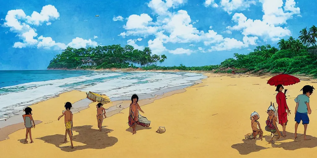 Image similar to sri lankan beach, drawn by hayao miyazaki