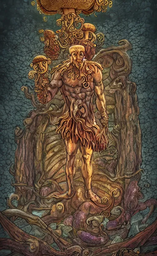 Image similar to a hyperdetailed dnd tarot card design, magnificent shrigma the mushroom deity as depicted in a colossal marble statue ( with godlike bodybuilder physique ) left by ancient greeks, hd tarot card depicting eldritch statue of a mushroom god with cute large mushroom hat, hdr, 8 k, dslr, surreal photo, artstation