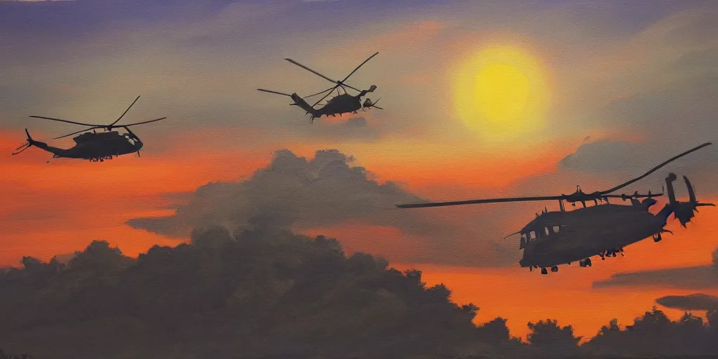 Image similar to Painting of vietnam Huey Helicopters, above a forest, orange sun set, abstract, realism, high details, glow, far, distance, over the horizon, drawn, 8k