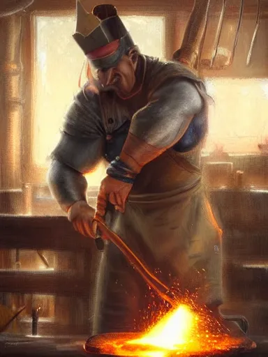 Image similar to a blacksmith striking a hammer in its anvil. working at his forge. intricate, elegant, highly detailed, digital painting, artstation, cinematic shot, concept art, sharp focus, illustration, by justin gerard and artgerm 8 k