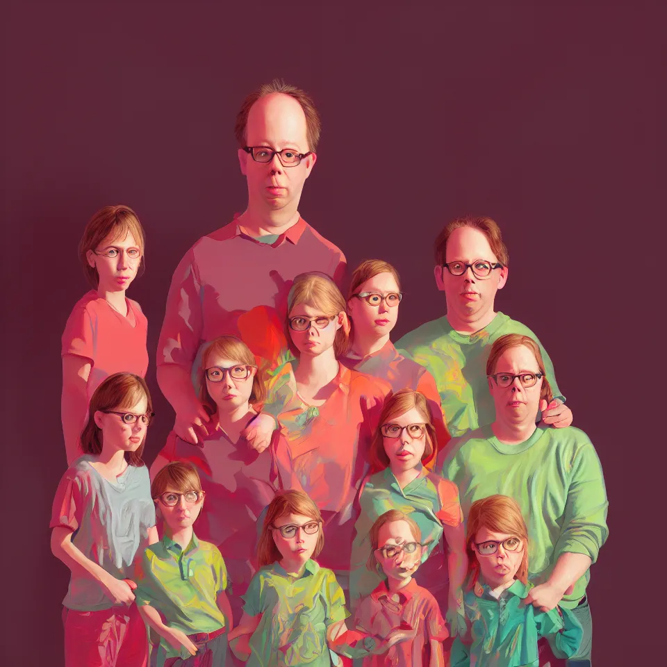 Image similar to bright realistic todd solondz family photo, diffuse lighting, fantasy, intricate, elegant, highly detailed, lifelike, photorealistic, digital painting, artstation, illustration, concept art, smooth, sharp focus, art by francis bacon