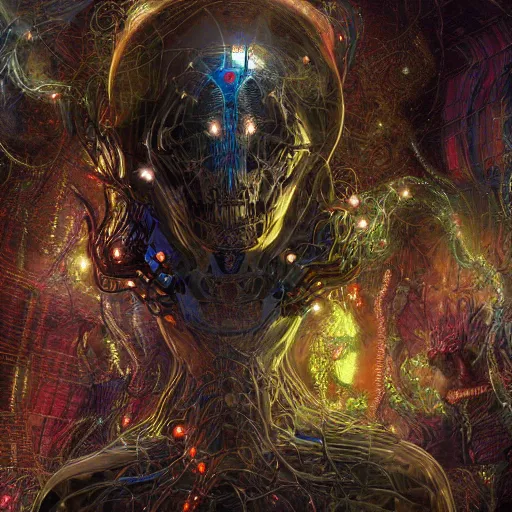 Image similar to cybernetic demon dreaming the destruction of the cosmos with its networked mind, lsd, circuitry, intricate detail, royo, whealan, giger, klimt, hd, octane render, unreal engine,