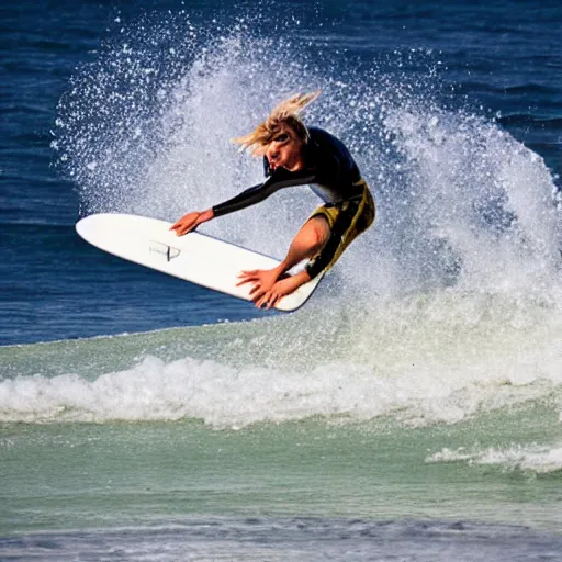 Image similar to a surfer using a snowboard to surf a wave, action photo