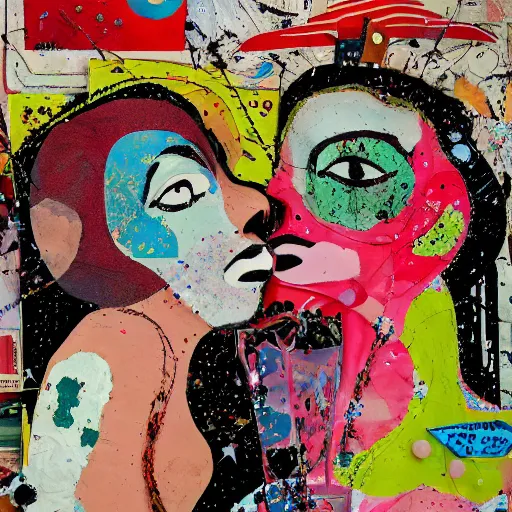 Image similar to two women kissing at a carnival on an alien planet, mixed media collage, retro, paper collage, magazine collage, acrylic paint splatters, bauhaus, abstract claymation, layered paper art, sapphic visual poetry expressing the utmost of desires by jackson pollock