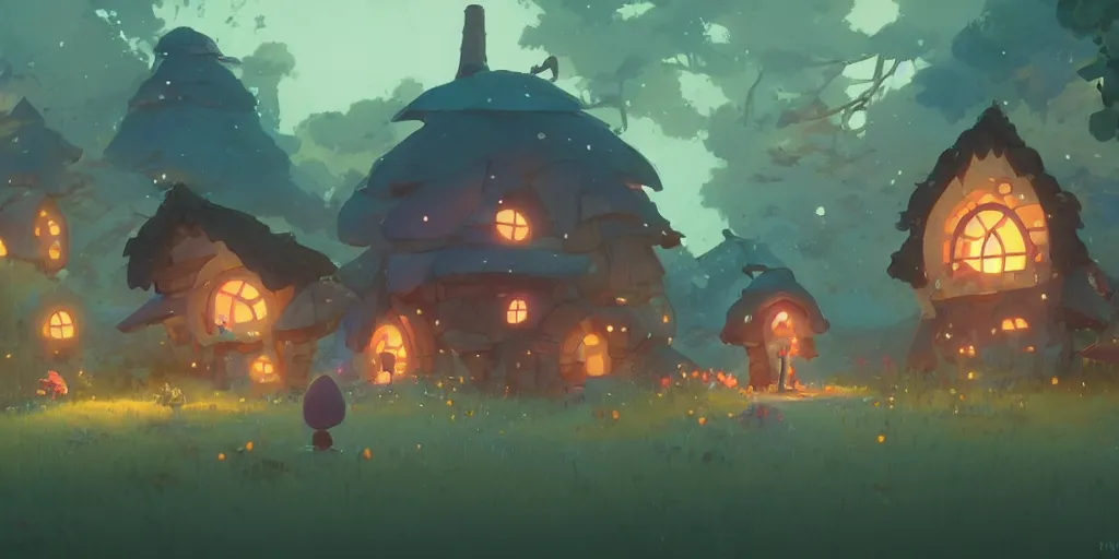 Prompt: small fairy mushroom house, by cory loftis & akihiko yoshida & james gilleard & atey ghailan & makoto shinkai & goro fujita & studio ghibli, rim light, exquisite lighting, clear focus, magic atmosphere, lights, night, very coherent, plain background, soft painting