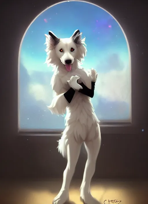 Image similar to wide angle beautiful full body portrait of a cute male anthropomorphic border collie fursona wearing a starfleet uniform on a starsheep and posing in front of a window, character design by charlie bowater, henry asencio, and ross tran, furry art, furaffinity, scenic background, beautiful, glamor pose, detailed, trending on artstation