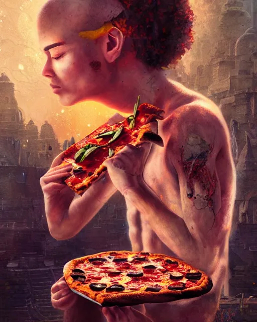 Image similar to detailed photo of meditating pizza monk, beautiful, 8 k, by tristan eaton, stanley artgermm, tom bagshaw, greg rutkowski, carne griffiths, trending on deviantart, hyper detailed, glorious lighting, epic environment