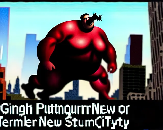 Image similar to [ 1 6 k ] a ginourmous fat behemoth putrid rotting smelly man stomping over new york city. terrorist attack. people running for their lives