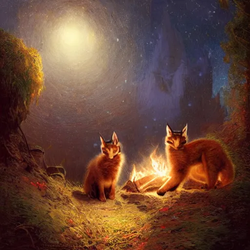 Prompt: three cute caracals wearing red bows or ties, acoustic guitar, campfire, night, atmospheric lighting, intricate, volumetric lighting, digital art, highly detailed by gaston bussiere, craig mullins, j. c. leyendecker 8 k