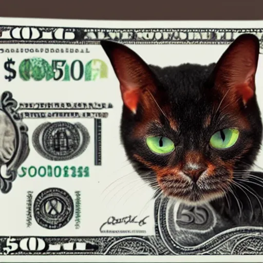 Prompt: a tortie cat on a $50 bill