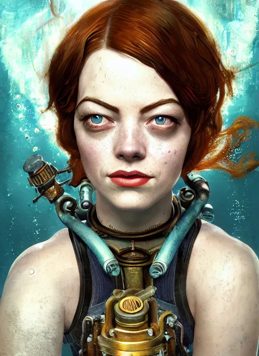 Prompt: underwater Bioshock steampunk portrait of Emma Stone, au naturel, hyper detailed, digital art, trending in artstation, cinematic lighting, studio quality, smooth render, unreal engine 5 rendered, octane rendered, art style by klimt and nixeu and ian sprigger and wlop and krenz cushart