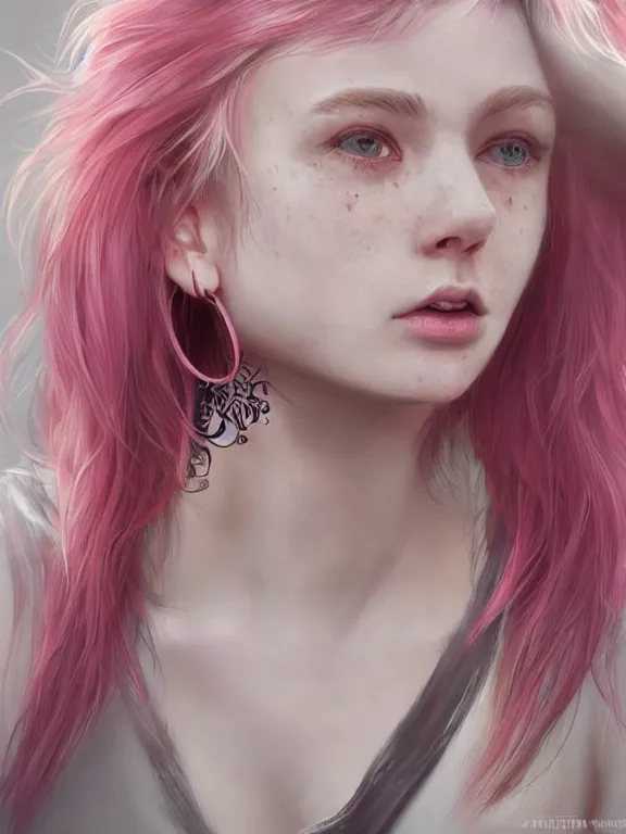 Prompt: beautiful russian girl with cute freckles and short faintly colored in pink hair and septum piercing, thin round earrings, winds of winter, au naturel, hyper detailed, digital art, trending in artstation, cinematic lighting, studio quality, smooth render, octane rendered, concept art, sharp focus, illustration, art by artgerm and greg rutkowski and wlop