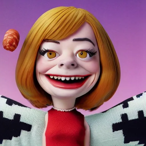 Image similar to hyperrealistic emma stone caricature surrounded by big fat frankfurter sausages by bob byerley and aardman animation, mascot, target reticles