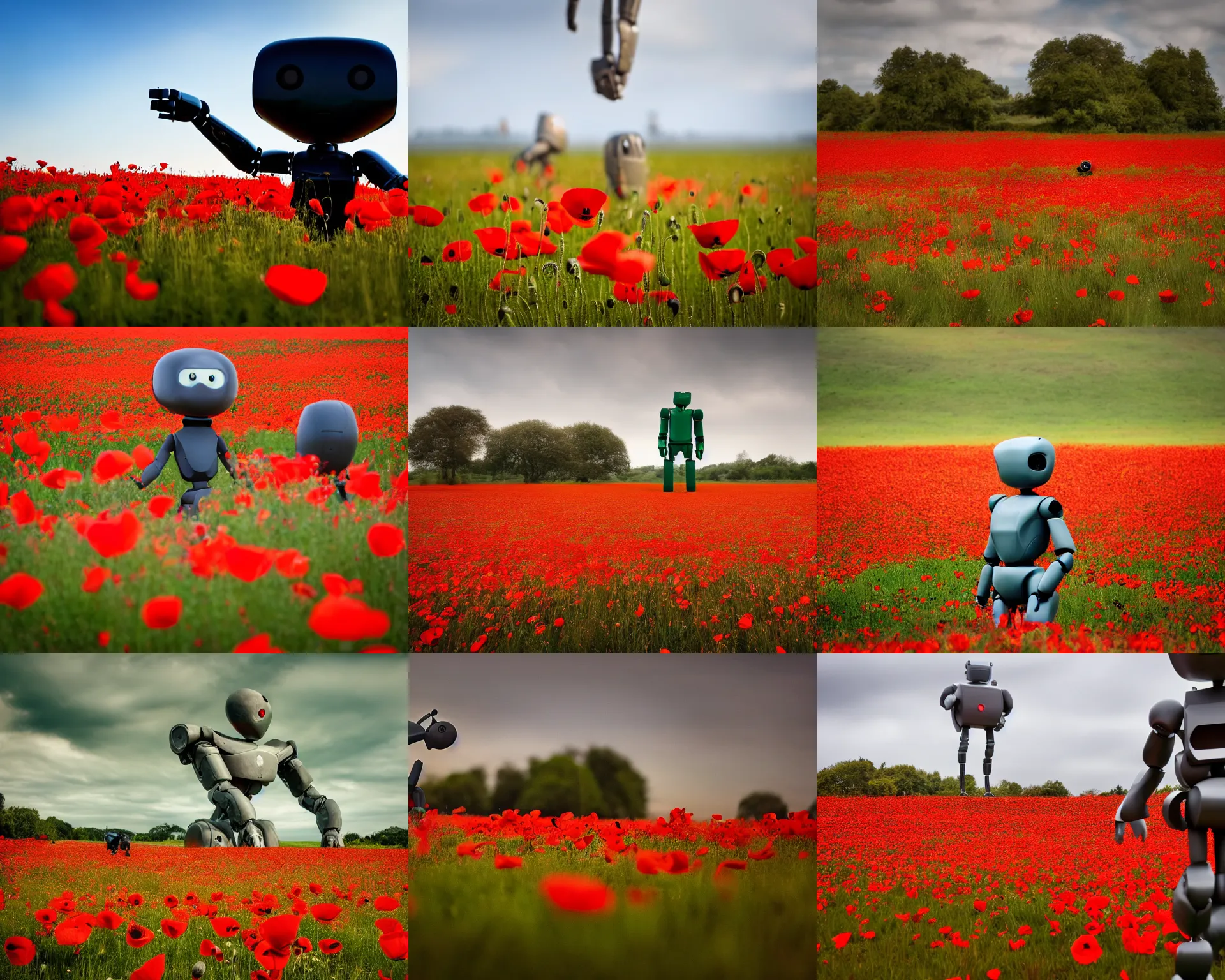 Prompt: a wide angle landscape photo of a field of poppies being enjoyed by an up close giant humanoid robot, lpoty, award winning, bokeh, soft focus, photography