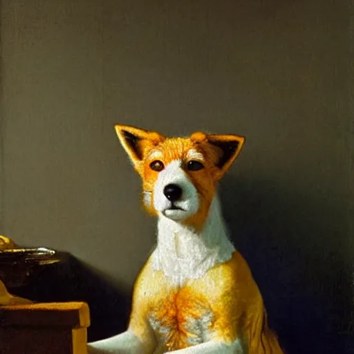 Prompt: an oil painting of a wire - haired fox terrier barking all the time at golden hour painted by johannes vermeer, masterpiece 8 k