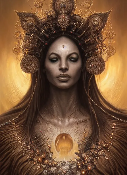 Prompt: full portrait of queen of the third eye, black metal shiny skin. intricate, elegant, highly detailed, centered, digital painting, artstation, concept art, smooth, sharp focus, illustration, artgerm, tomasz alen kopera, peter mohrbacher, donato giancola, joseph christian leyendecker, wlop, frank frazetta