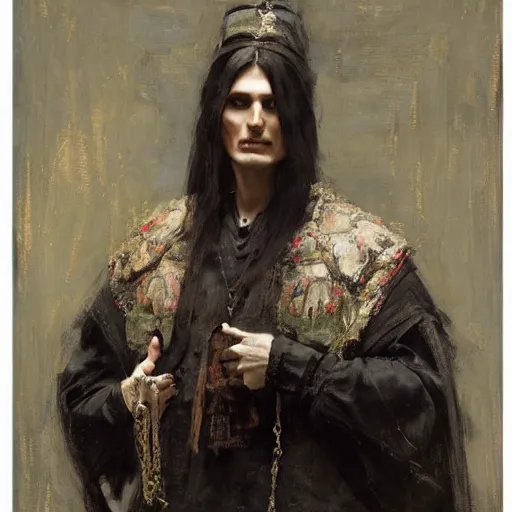 Image similar to Richard Schmid and Jeremy Lipking portrait painting of a young beautiful vlad III in elaborate costume