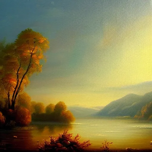 Image similar to an oil painting of the joys of the morning, amazing landscape, warm modern