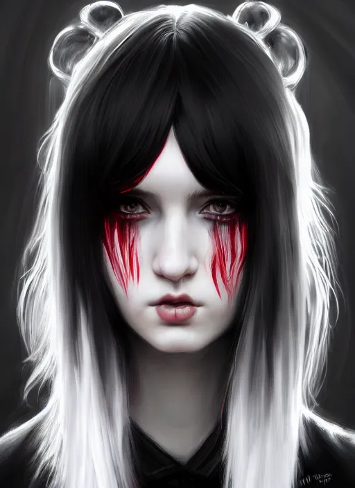 Image similar to portrait of white teenage girl, normal face, black bangs, mall goth, cyberlox, black and white hair, bangs, fluffy bangs, red contacts, intricate, elegant, highly detailed, digital painting, artstation, concept art, sharp focus, smooth, illustration, art by wlop, mars ravelo and greg rutkowski