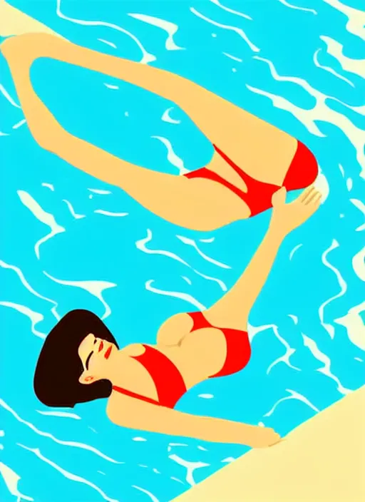 Image similar to portrait of a girl, in retro swimsuit, lying by the pool, minimalist illustration, flat colors, contrasting shadows art by anri matiss, maria medem, roberts rurans