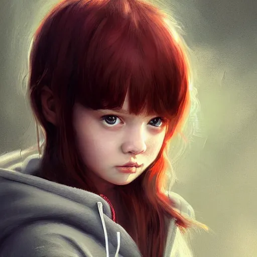 Image similar to a cute tiny girl with short red hair wearing a hoodie, digital art, very beautiful face, pretty face, very detailed eyes, full body illustration, 8 k resolution, soft painting, by greg rutkowski, wlop, rossdraws,