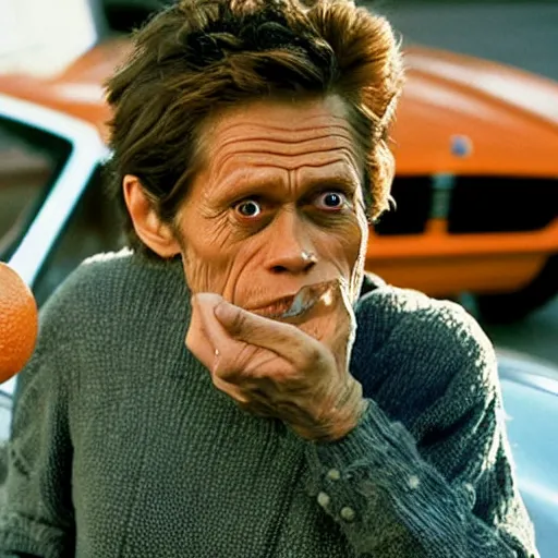 Image similar to Willem Dafoe in a sweater, with a confused face holding oranges on two outstretched hands, against the background of a retro car, focus on the foreground, realism, details,