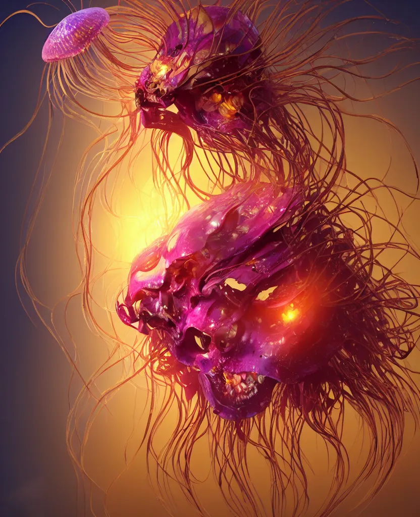 Image similar to close-up portrait of the face of a beautiful princess in a twisted flowers orchid jellyfish mask surrounded by energy flow, epic angle and pose, symmetrical artwork, 3d with depth of field, blurred background, floating jellyfish skull phoenix bird, translucent, nautilus, energy flows of water and fire. a highly detailed epic cinematic concept art CG render. made in Maya, Blender and Photoshop, octane render, excellent composition, cinematic dystopian brutalist atmosphere, dynamic dramatic cinematic lighting, aesthetic, very inspirational, arthouse. y Greg Rutkowski, Ilya Kuvshinov, WLOP, Stanley Artgerm Lau, Ruan Jia and Fenghua Zhong