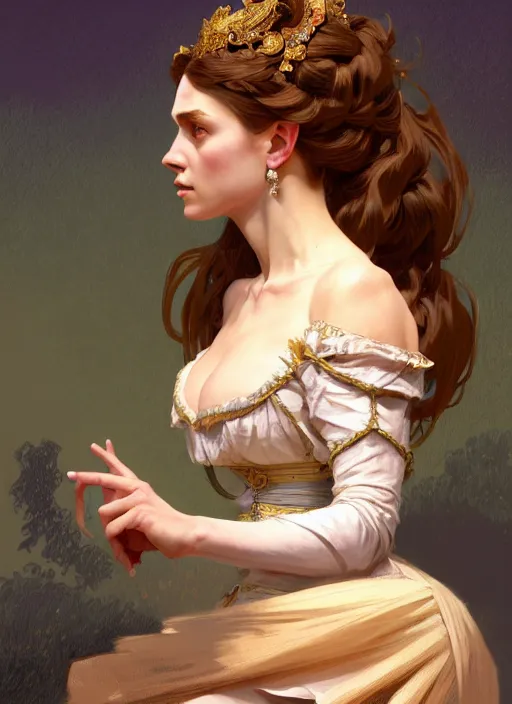 Prompt: portrait of a full body of beautiful female princess, d & d, baroque dress, flat lighting, intricate, highly detailed, digital painting, artstation, concept art, smooth, sharp focus, illustration, art by simon bisley and greg rutkowski and alphonse mucha, natural tpose