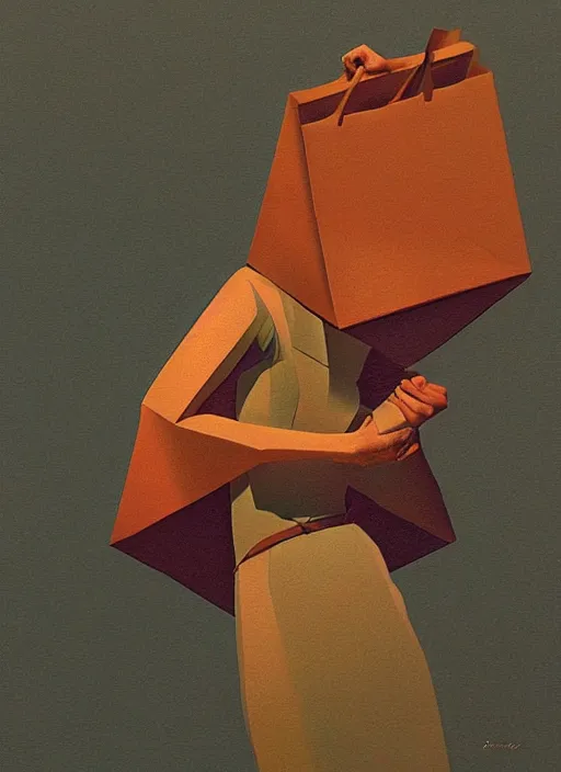 Prompt: isometric woman in a pixilated paper bag over the isometric head Edward Hopper and James Gilleard, Zdzislaw Beksinski, highly detailed