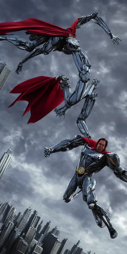 Prompt: a cinematic scene of nicolas cage as super man fighting a giant robot spider over metropolis, in the style of h. r. giger, vray render, realistic, cinematic lighting, clear face, majestic, 8 k