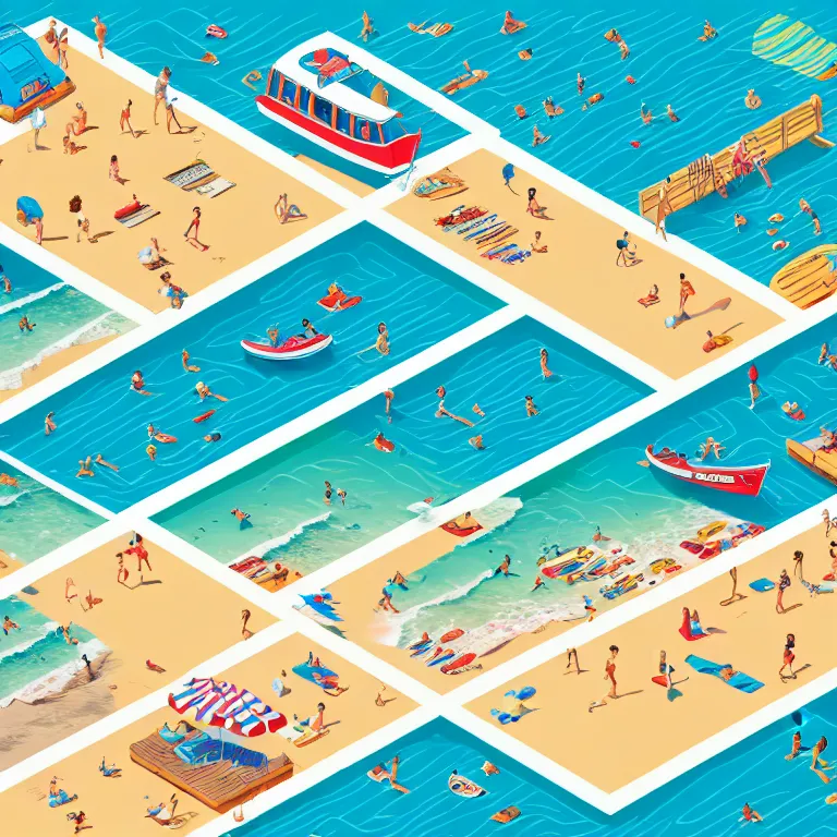 Prompt: high detailed full page spread from the where's waldo at a densely populated beach, isometric, waldo in the top right of frame, high detail illustration, coherent