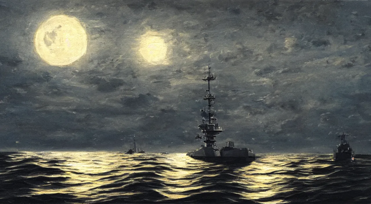 Prompt: Close up of battleship at night in the middle of the ocean, lit by the moon, oil painting