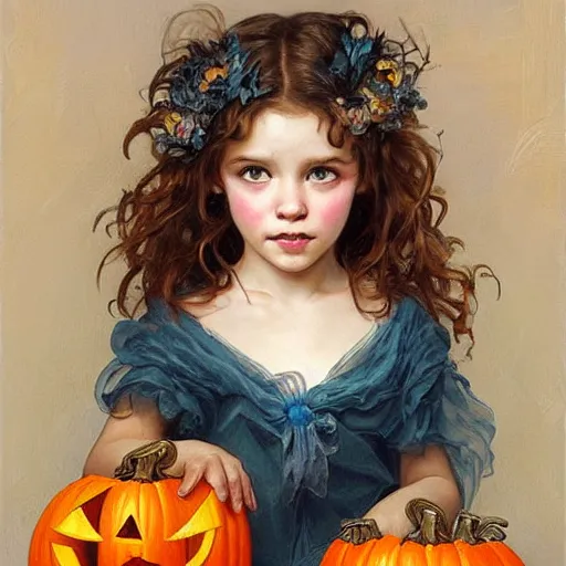 Image similar to a cute happy little girl with light brown wavy curly hair and blue eyes sitting amidst piles of halloween decorations. beautiful cute highly detailed face. halloween themed painting by artgerm and greg rutkowski and alphonse mucha.