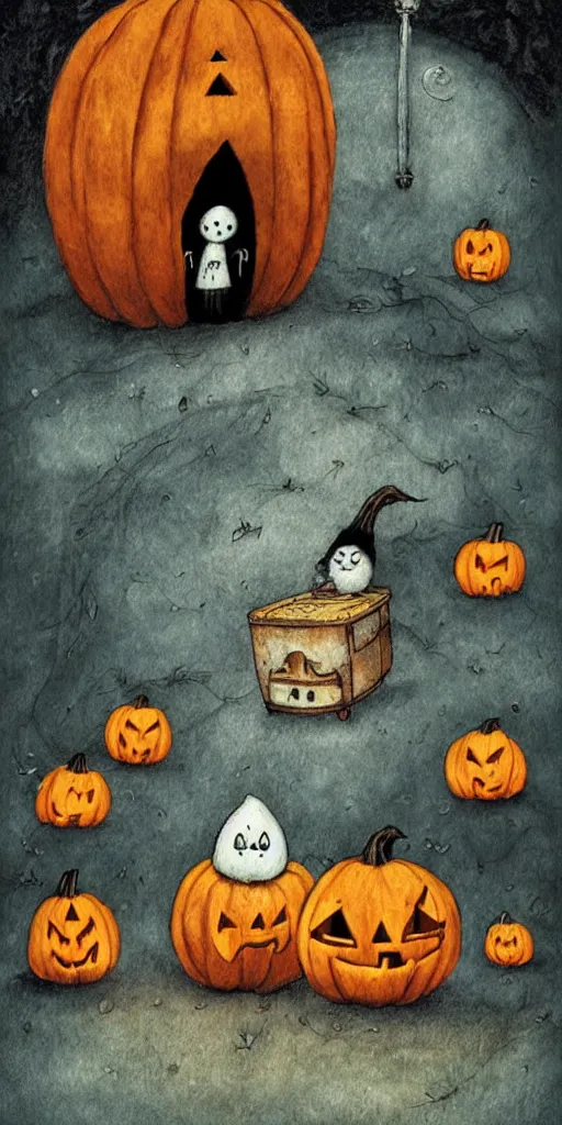 Image similar to a pumpkin and ghost scene by alexander jansson